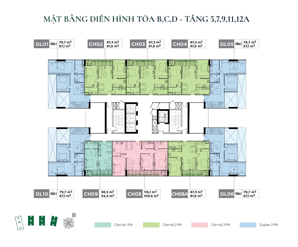 Floor plan of level 5 - 7 - 9 - 11 - 12A Sunshine Green Iconic